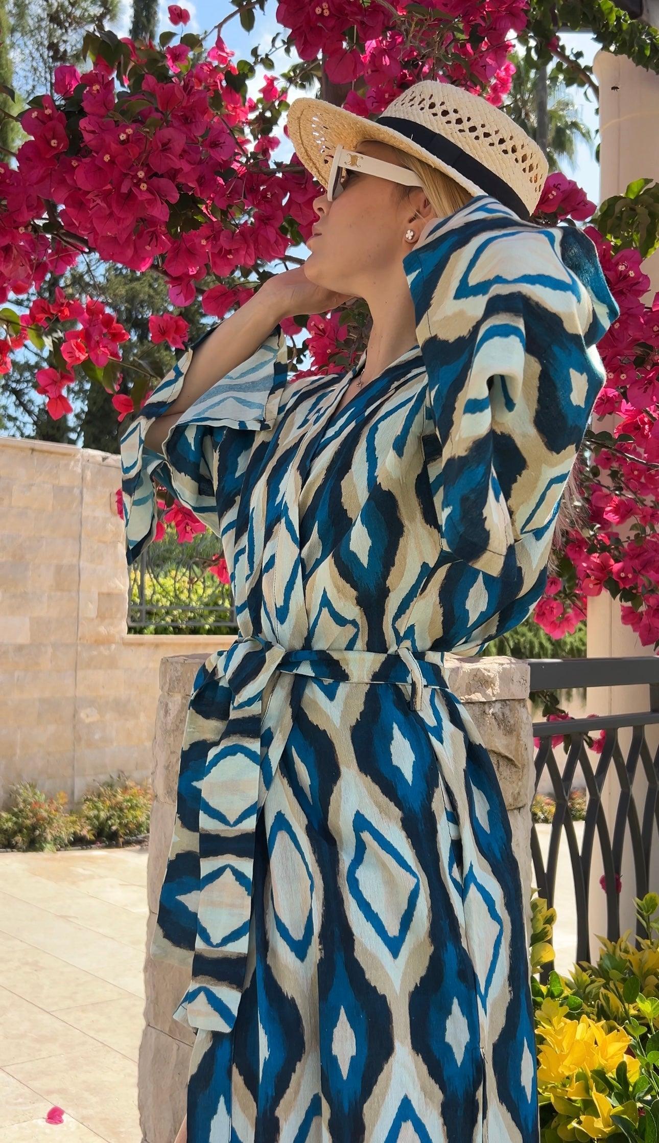Navy Blue Ikat Kimono Short Set - Qbik By KD