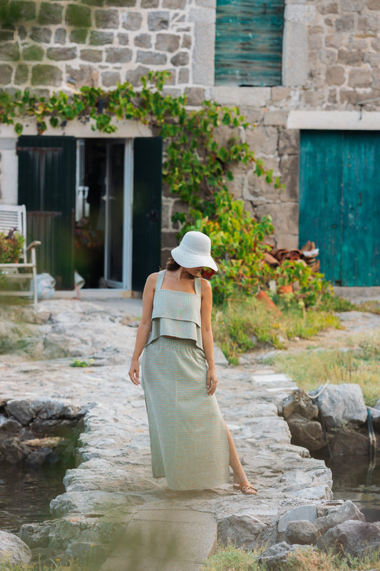 Cotton Skirt & Cross-Strap Bustier Set – Pockets, Slits, Limited Edition